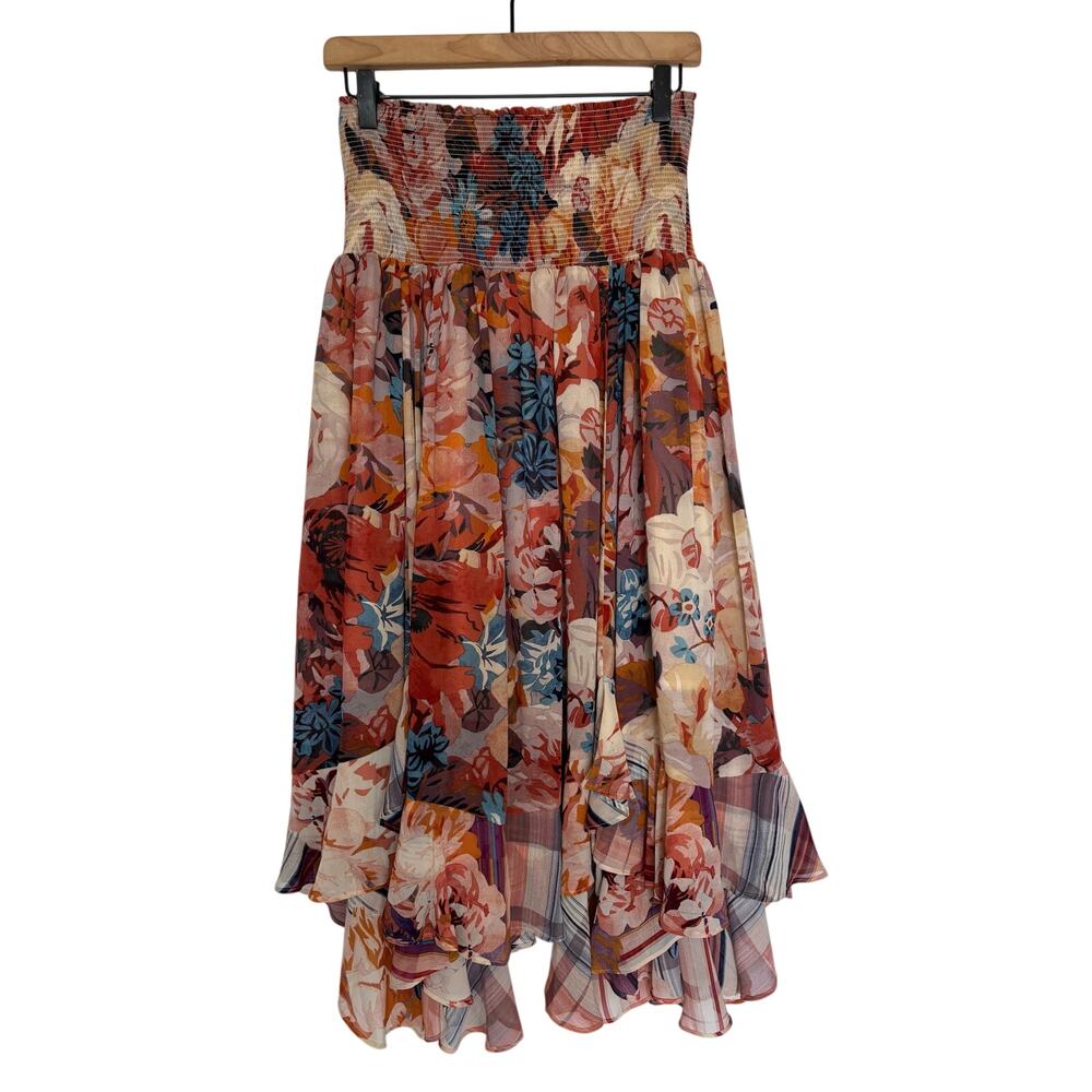 Anthropologie Akemi Kin Patchwork Asymmetric Chiffon Skirt Ruffle Boho Romantic